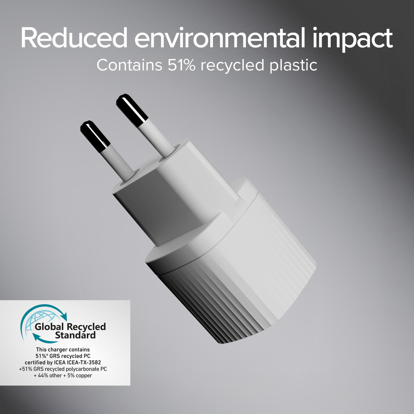 Caricatore USB-C ecologico, 25W, Power Delivery, Plastica riciclata GRS 6/7