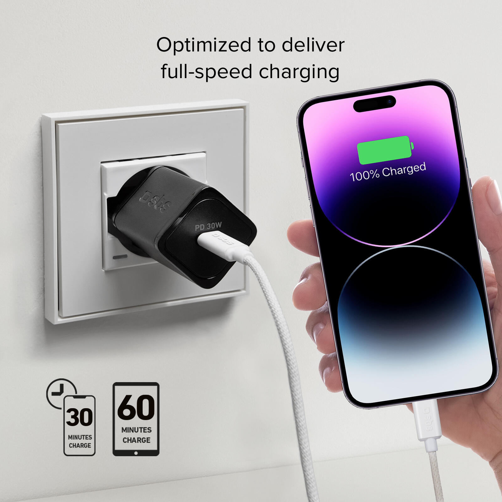 Caricatore GaN da 30 Watt con ricarica rapida per smartphone, tablet, smartwatch 6/7