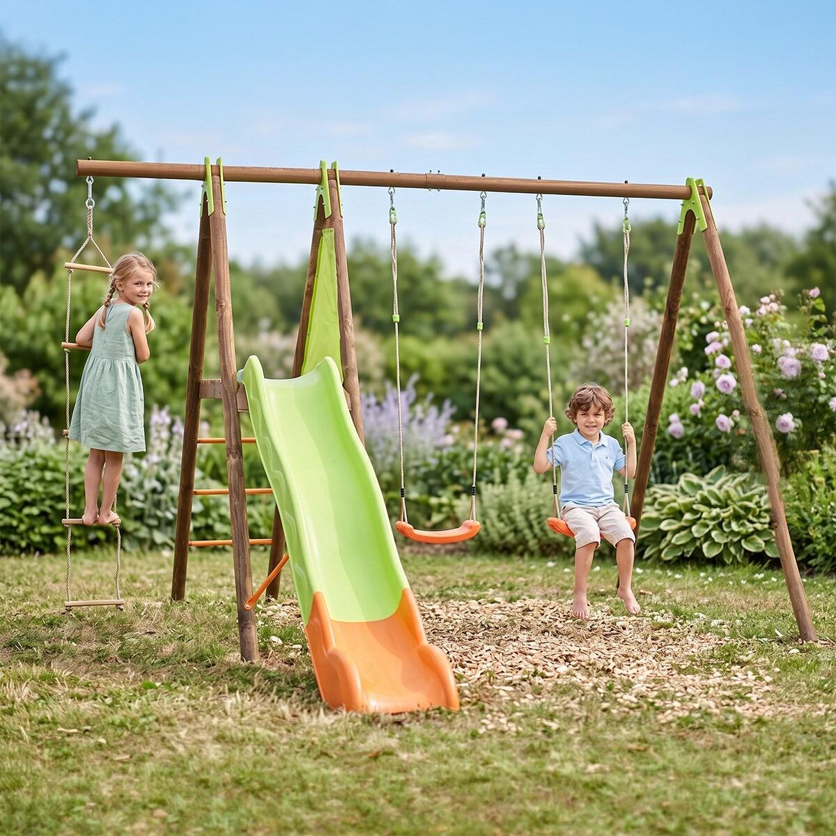 Portique bois-métal avec 2 balançoires + 1 échelle de corde + 1 plateforme avec 2/7