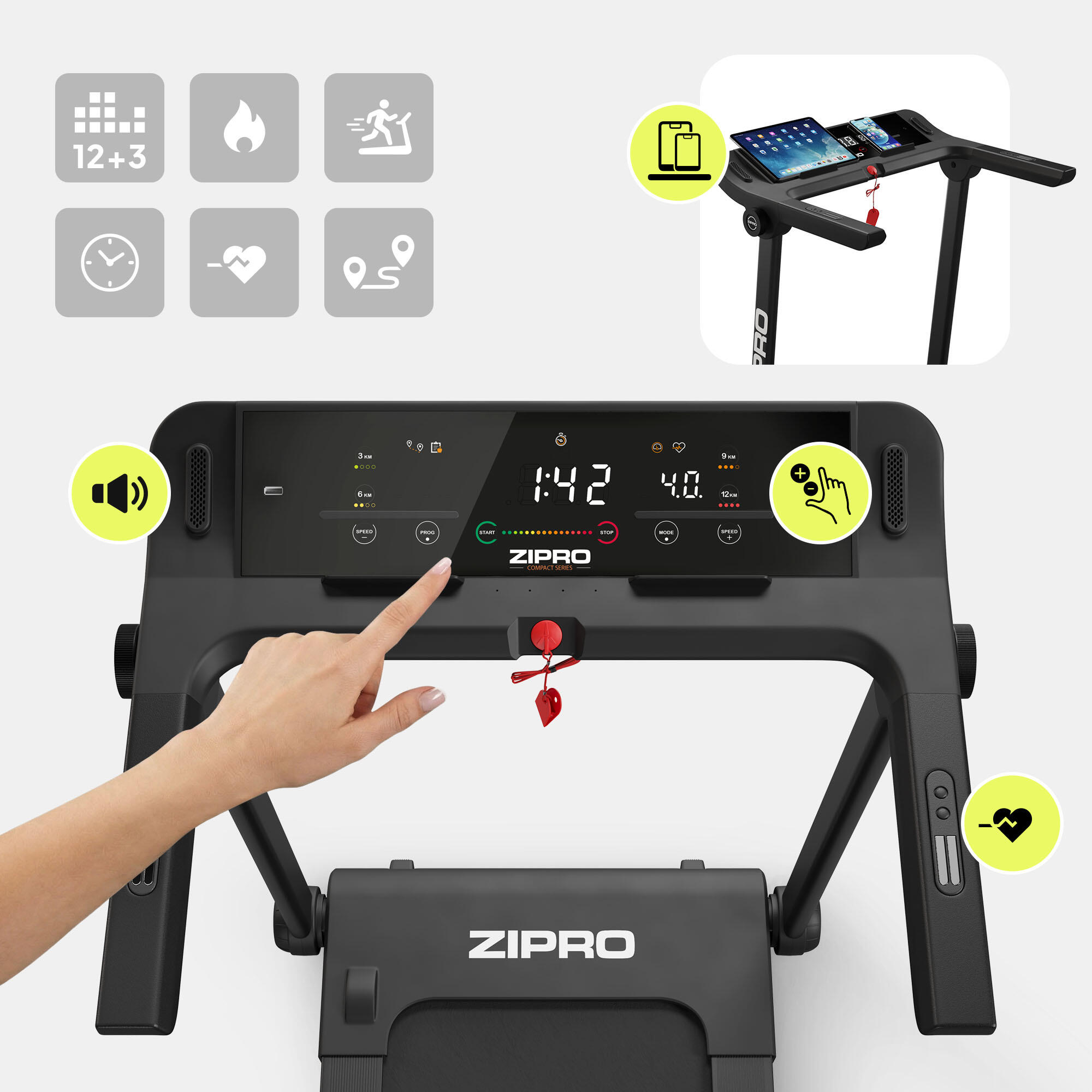 Tapis de course pliant Zipro Pacto 125 x 45 cm, 16 km/h, avec FitShow, Kinomap 2/8