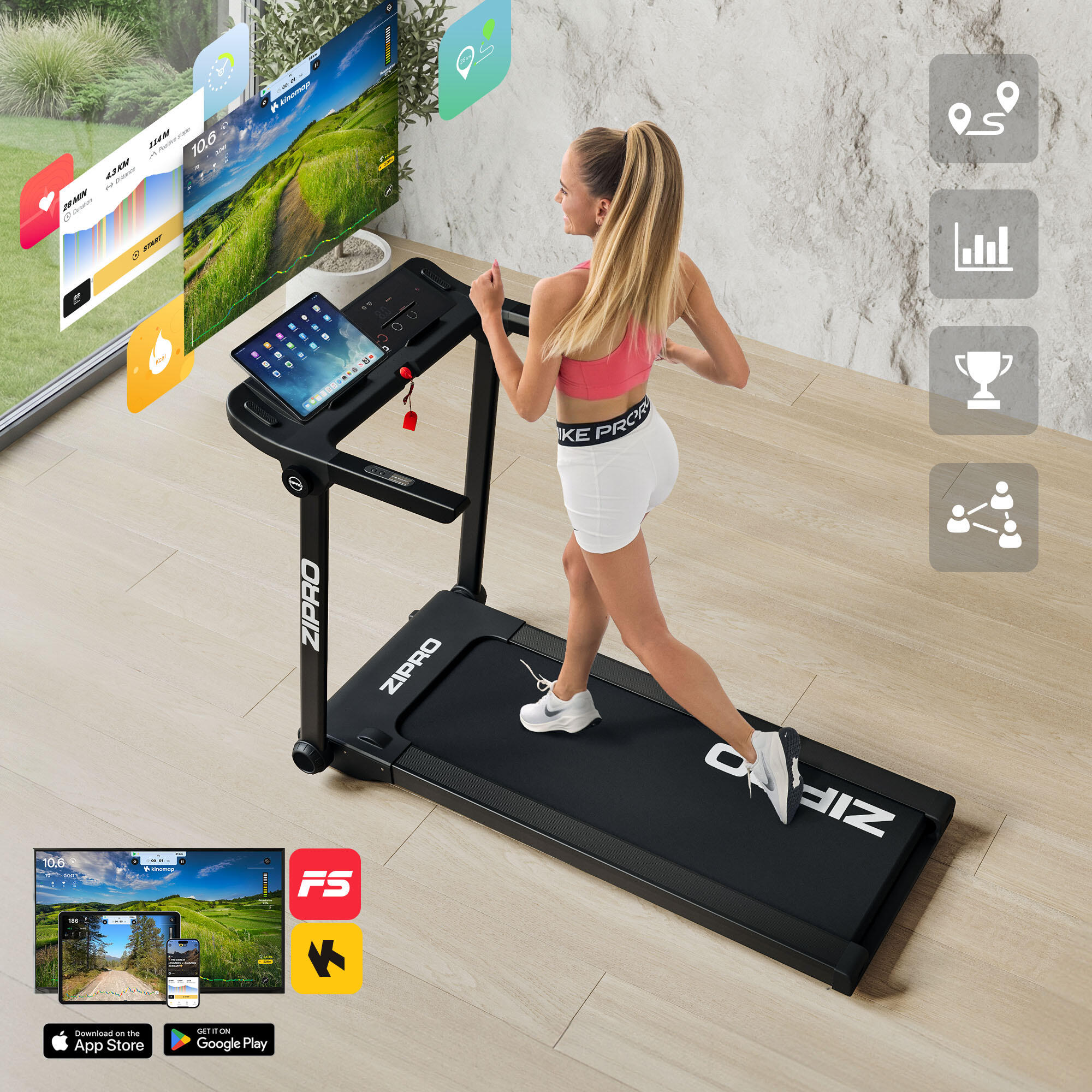 Tapis de course pliant Zipro Pacto 125 x 45 cm, 16 km/h, avec FitShow, Kinomap 4/8