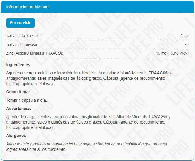Bisglicinato de Zinc 15mg - 90 Cápsulas LifePRO 2/2