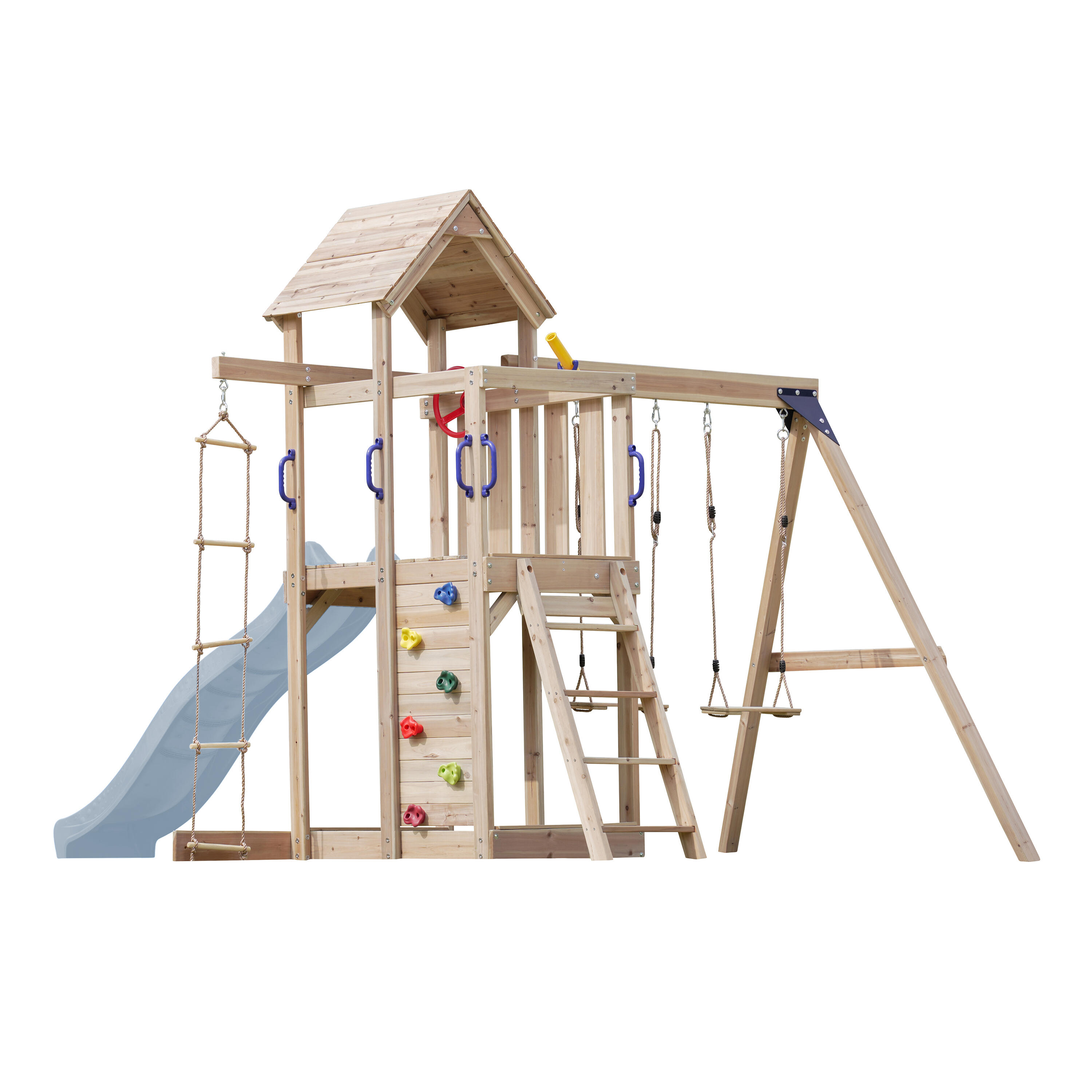 Moos Speeltoestel van Hout, 2 Schommels, Ladder, Glijbaan Blauw 2/5