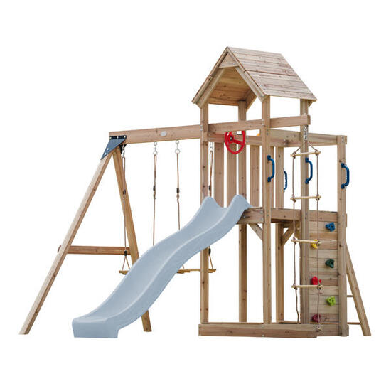 Aire de jeux, Moos avec balançoire double et échelle en corde - toboggan bleu