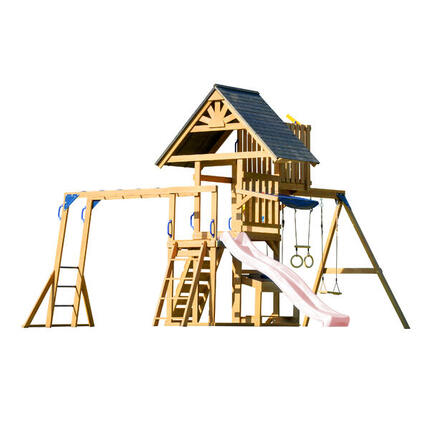 Mitch Spielturm aus Holz mit 2 Schaukeln, Trapez und Turm, Rutsche Rosa