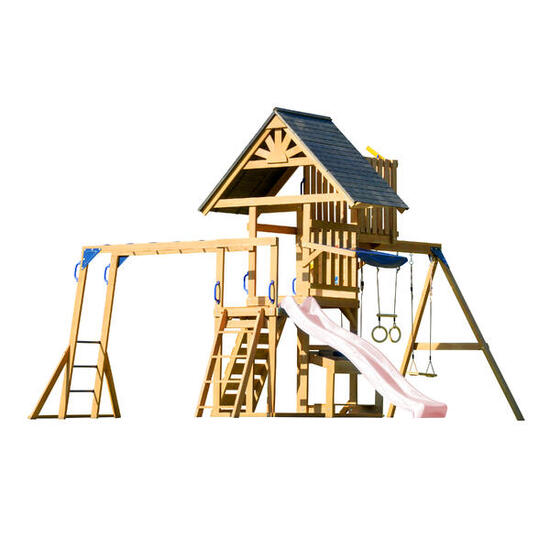 Mitch Spielturm aus Holz mit 2 Schaukeln, Trapez und Turm, Rutsche Rosa