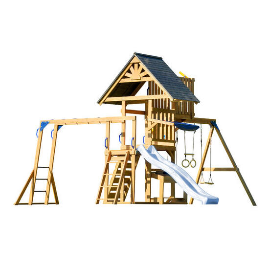 Mitch Spielturm aus Holz mit 2 Schaukeln, Trapez und Turm, Rutsche Blau