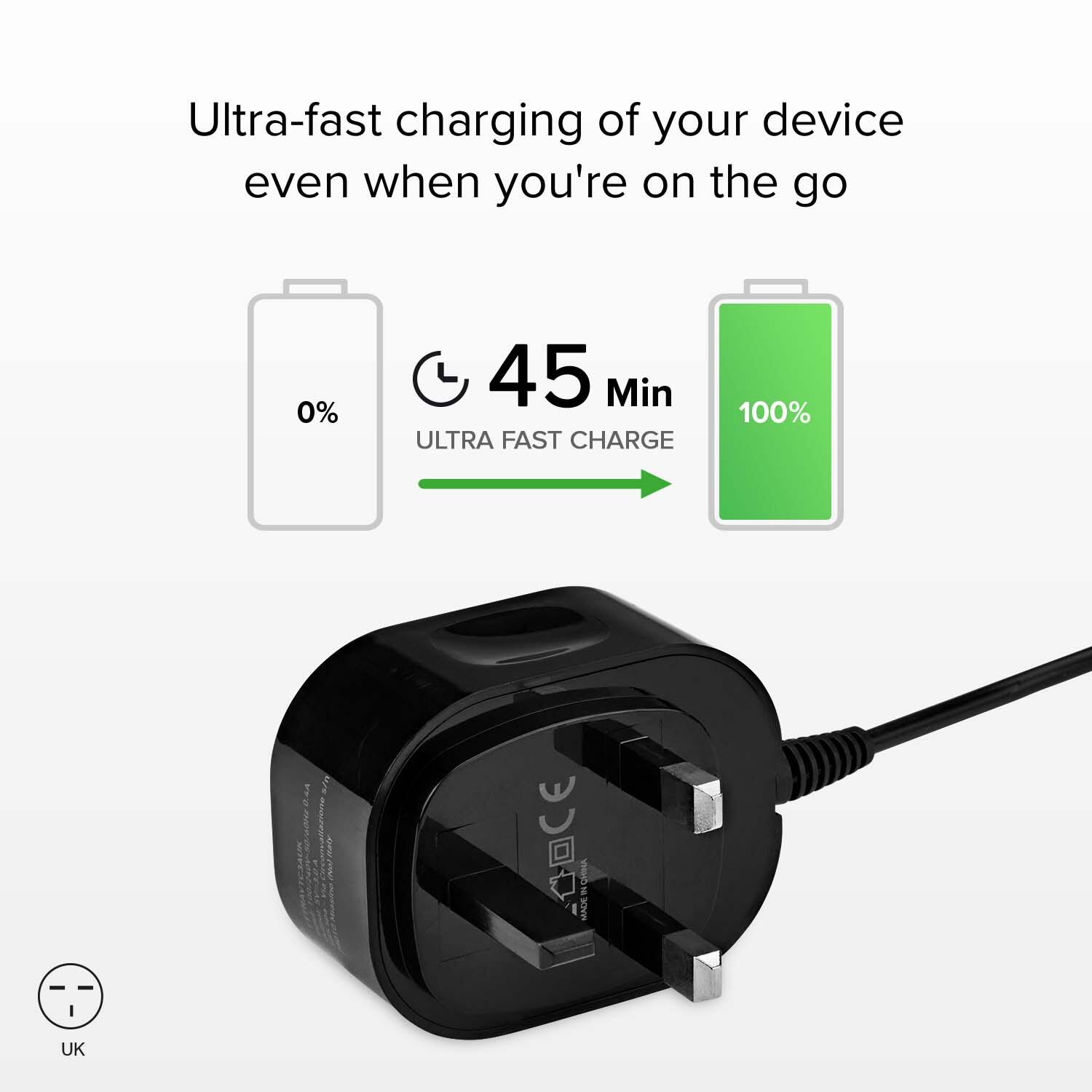Caricatore UK ricarica ultra rapida con cavo USB-C integrato 3/4