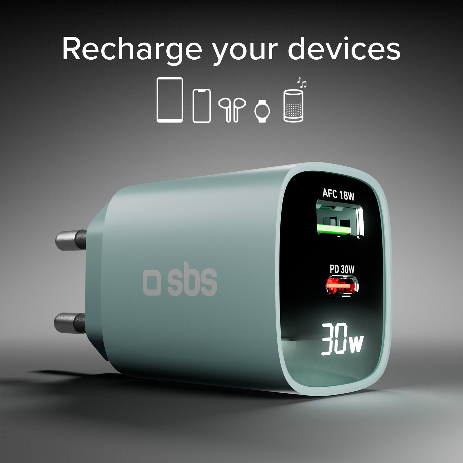 Caricabatterie da muro, schermo LCD, 1 uscita USB-C PD 30W, 1 uscita USB-A 18W 3/7