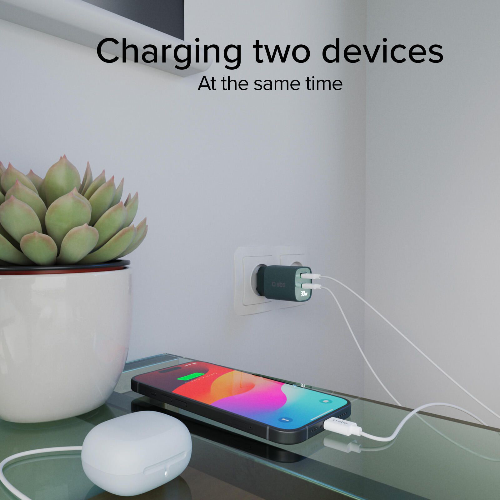 Caricabatterie da muro, schermo LCD, 1 uscita USB-C PD 30W, 1 uscita USB-A 18W 6/7