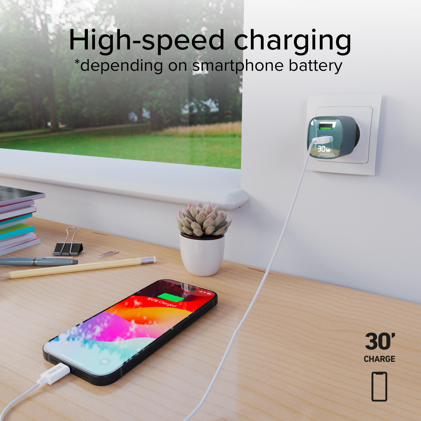 Caricabatterie da muro, schermo LCD, 1 uscita USB-C PD 30W, 1 uscita USB-A 18W 7/7