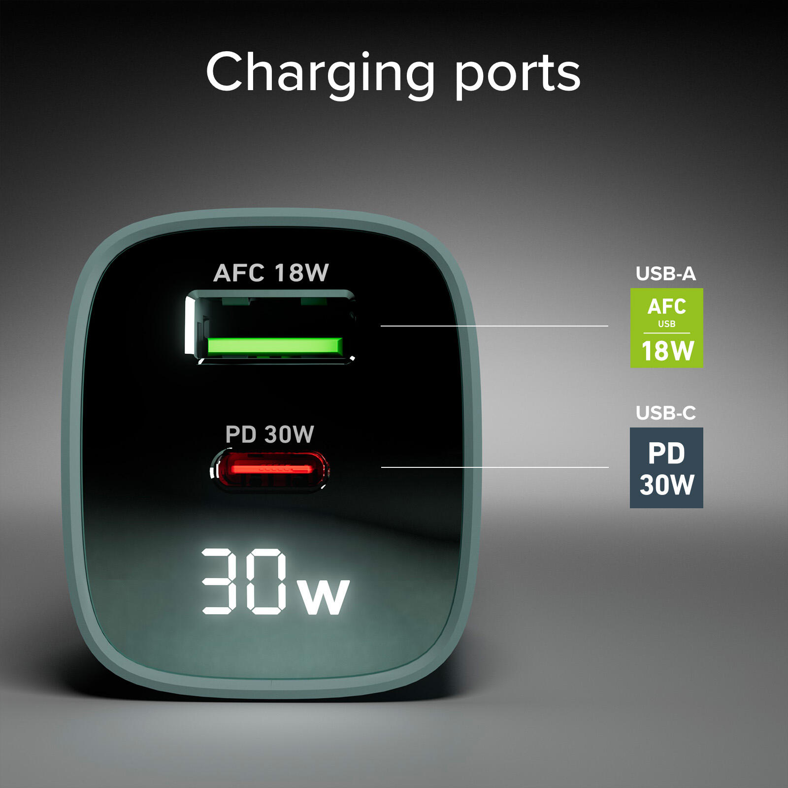 Caricabatterie da muro, schermo LCD, 1 uscita USB-C PD 30W, 1 uscita USB-A 18W 4/7