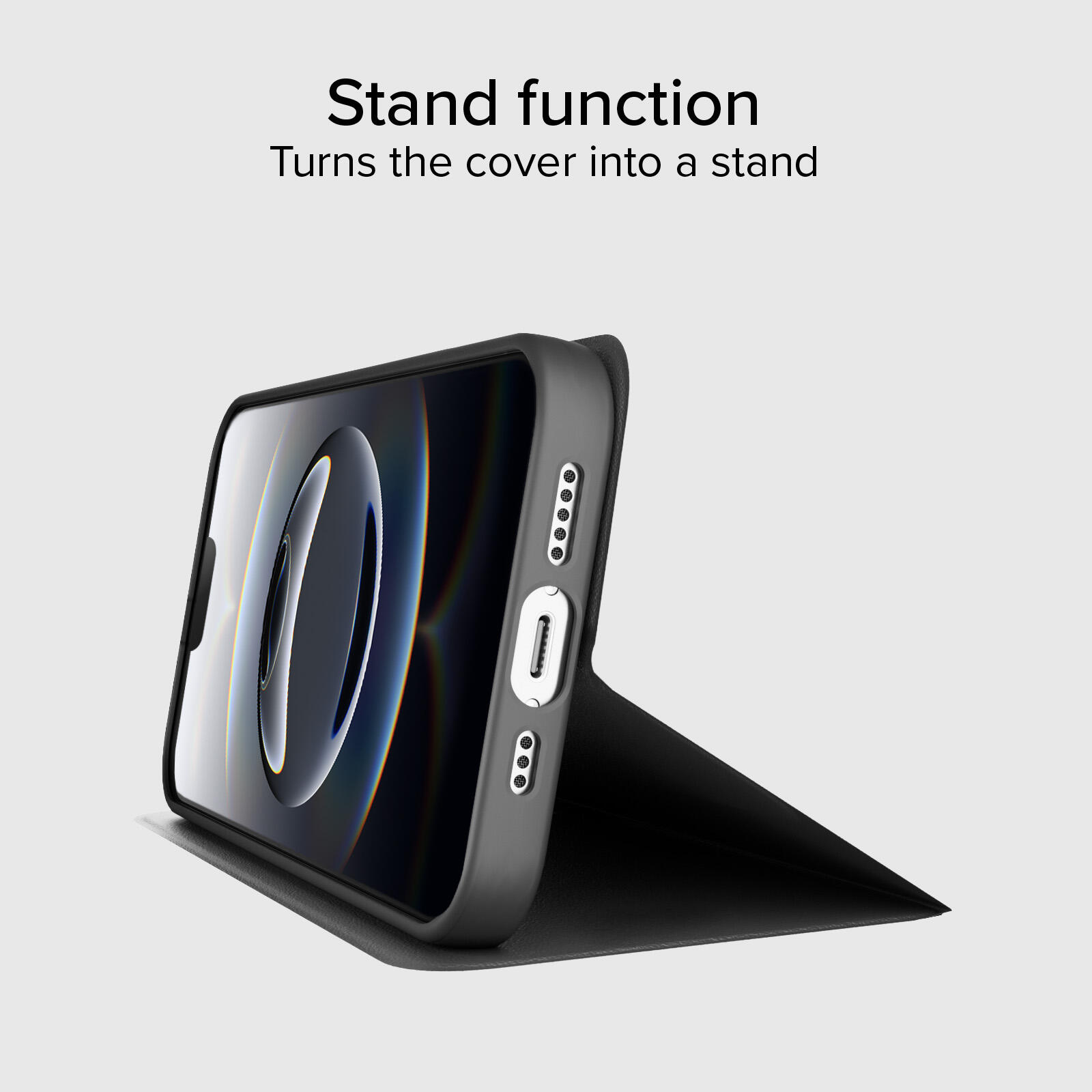 Custodia a libro con supporto stand e superficie soft touch per iPhone 17e/16e 3/7
