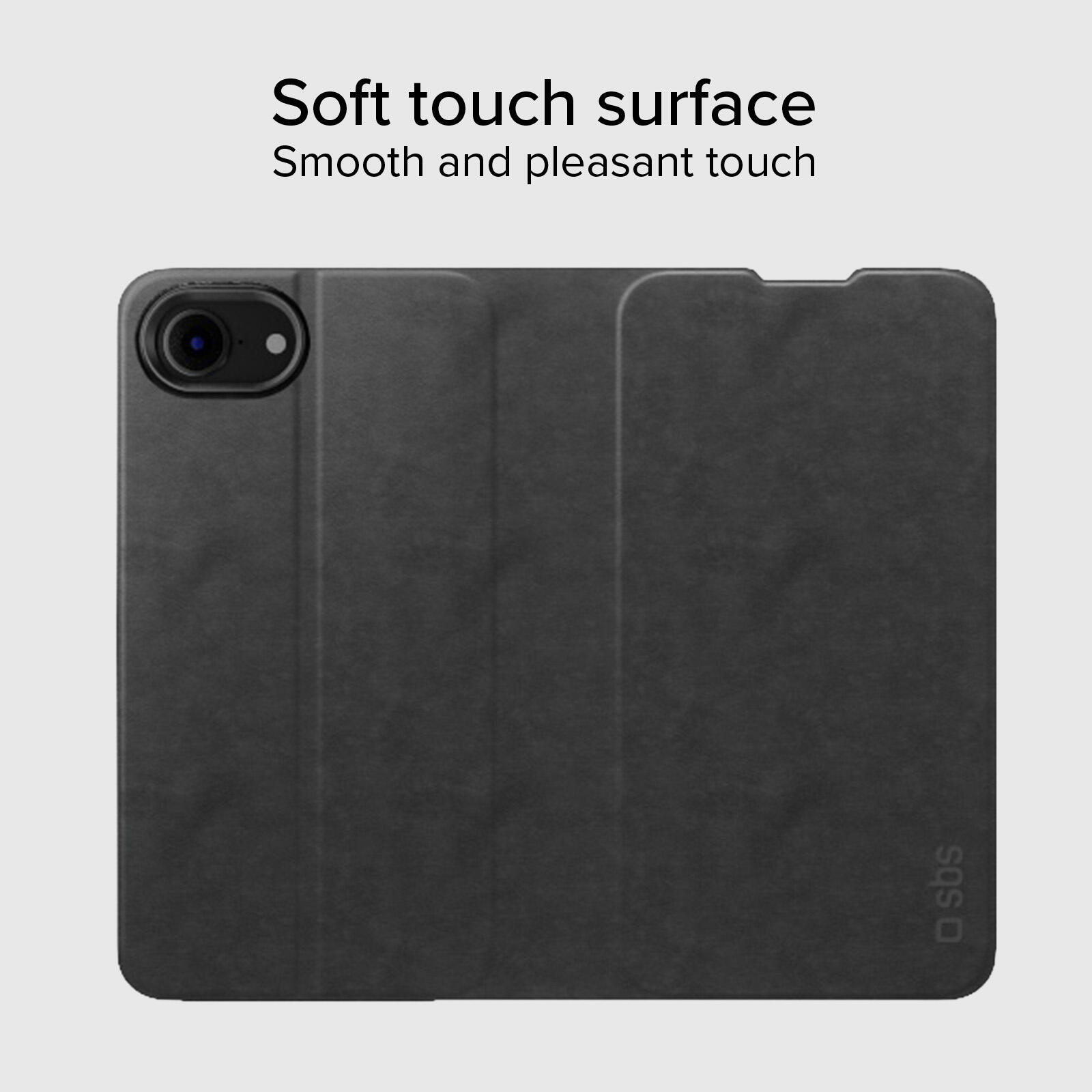 Custodia a libro con supporto stand e superficie soft touch per iPhone 17e/16e 4/7