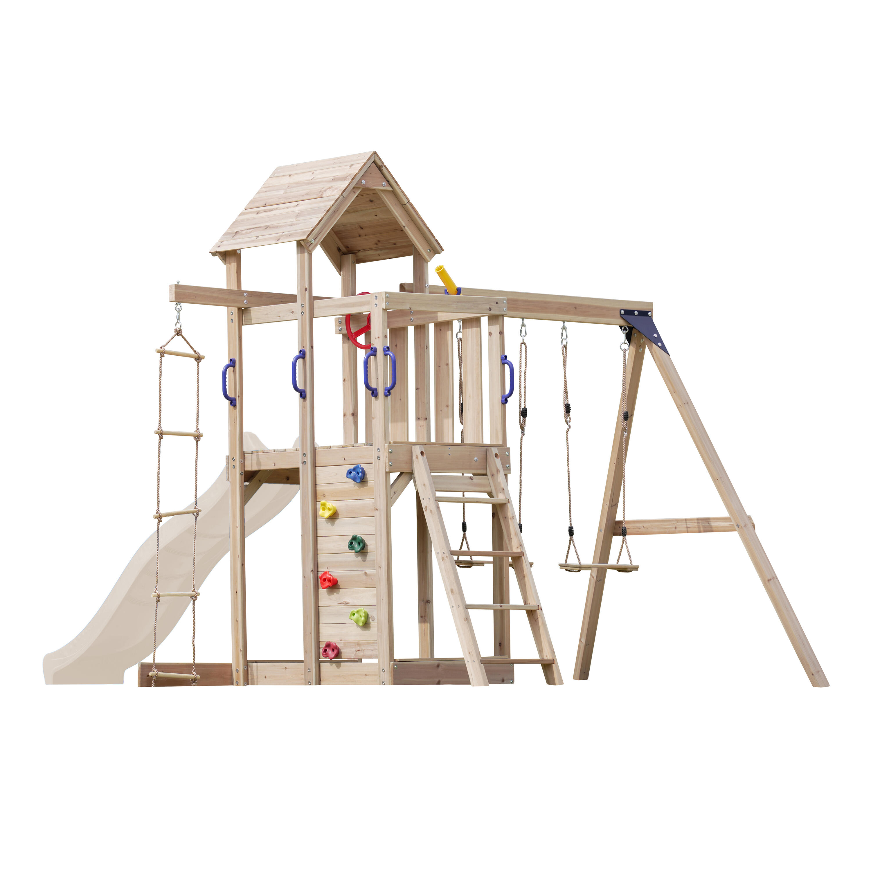 Moos Speeltoestel van Hout, 2 Schommels, Ladder, Glijbaan Crème 2/7