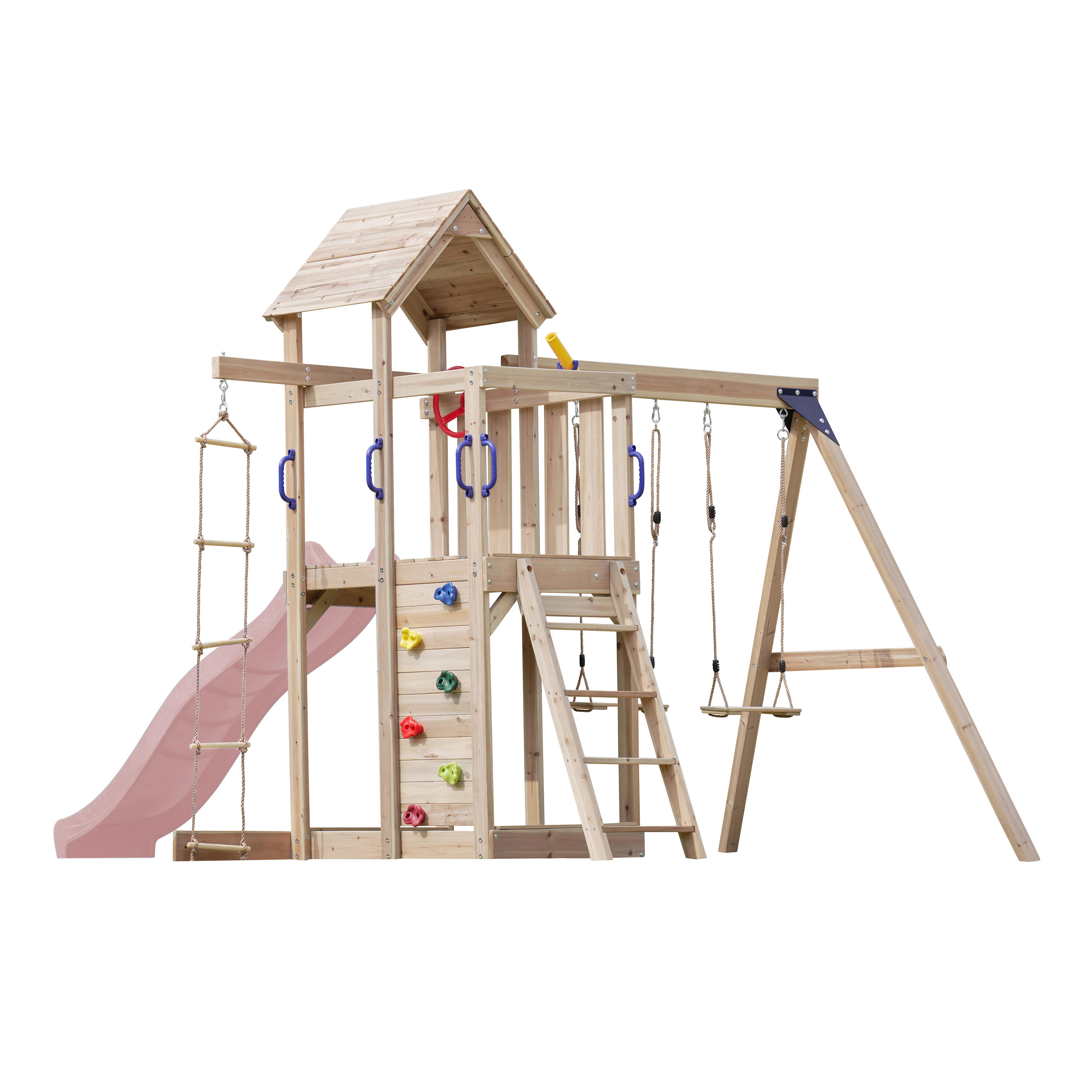 Aire de jeux, Moos avec balançoire double et échelle en corde - toboggan rose 2/5