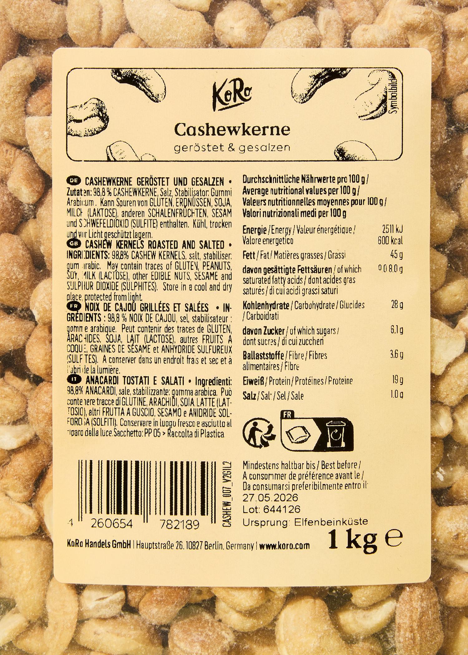KoRo - Noix de cajou grillées & salées - 1 kg - Noix de cajou croquantes salées 6/6