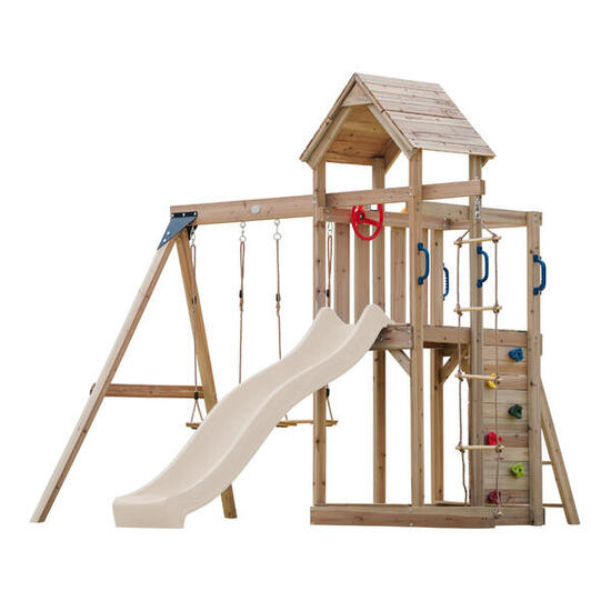 Moos Speeltoestel van Hout, 2 Schommels, Ladder, Glijbaan Crème
