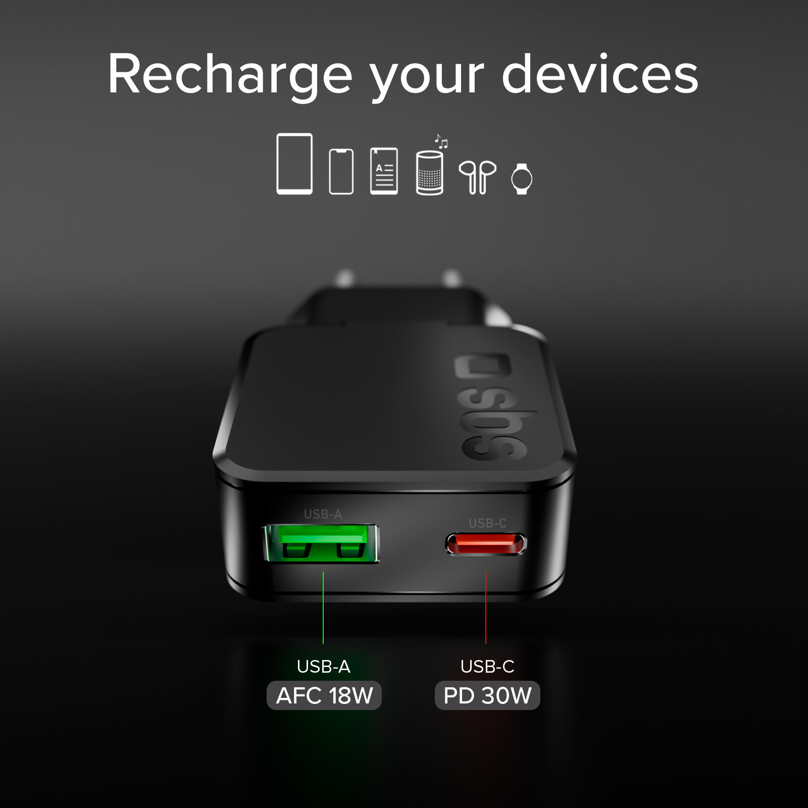 Chargeur mural slim 30 W USB-C Power Delivery et USB-A Fast Charge 6/7