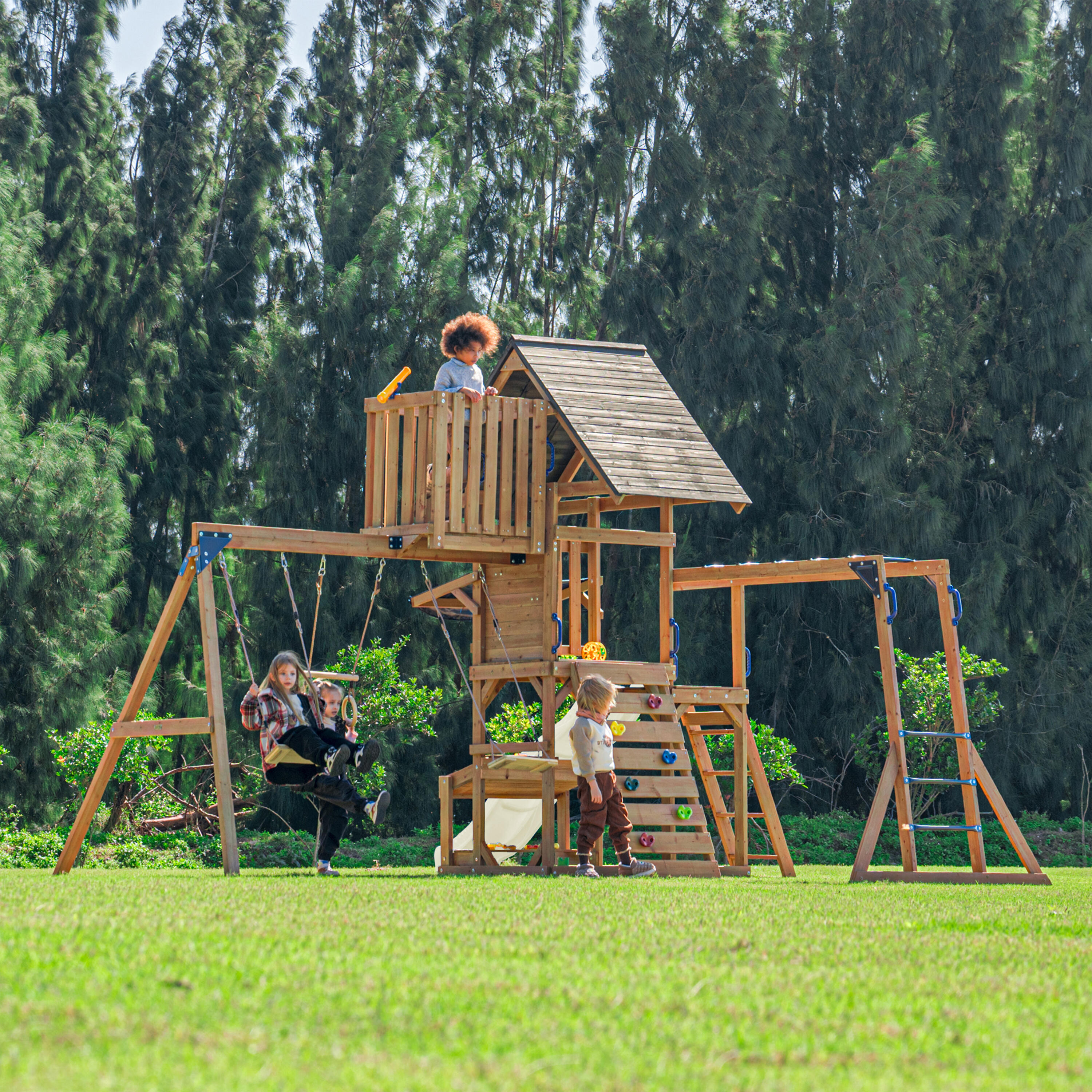 Aire de jeux en Bois Mitch avec 2 Balançoires, Toboggan Crème 3/7