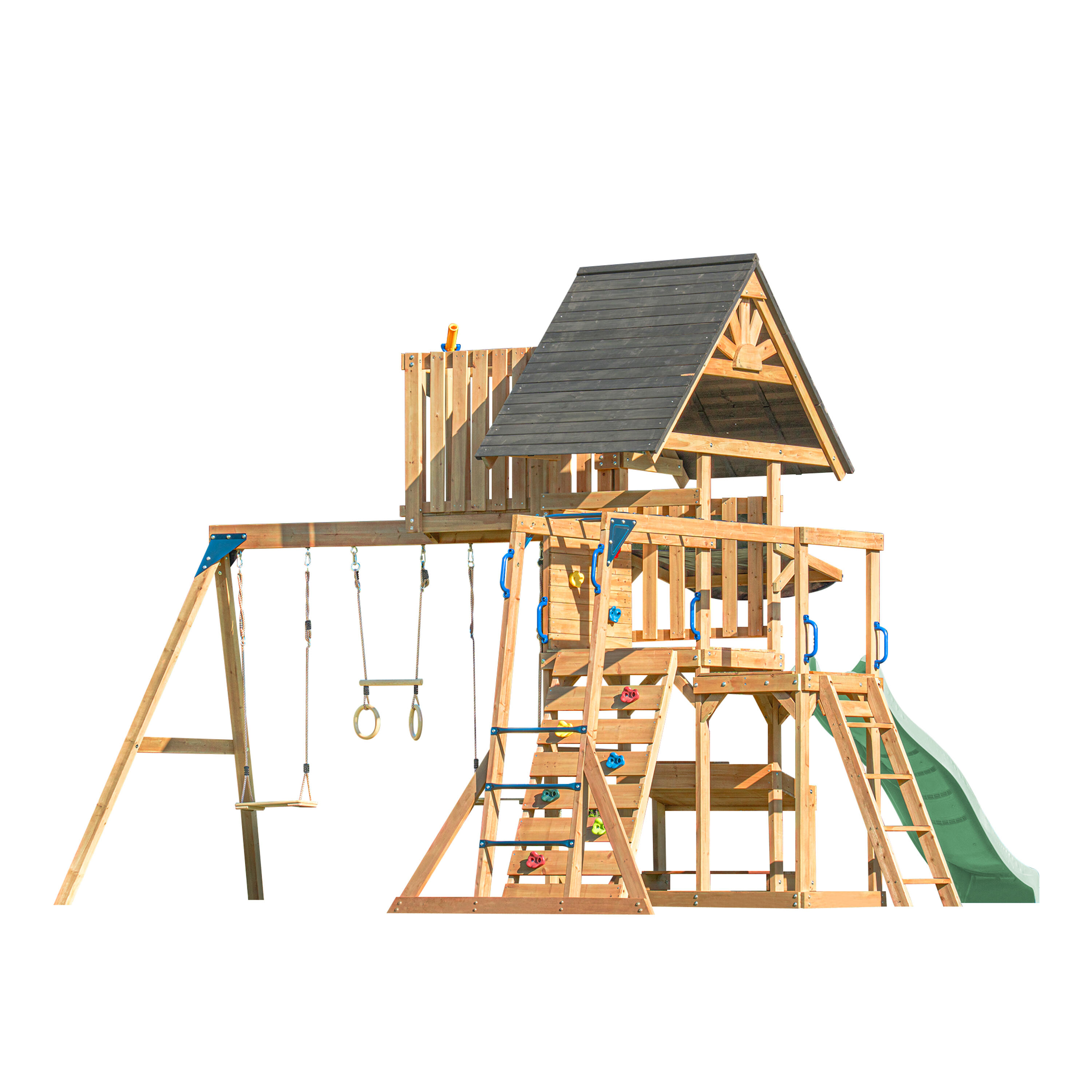 Mitch Speeltoestel, Hout, 2 Schommels, trapeze en toren, Glijbaan Groen 2/7