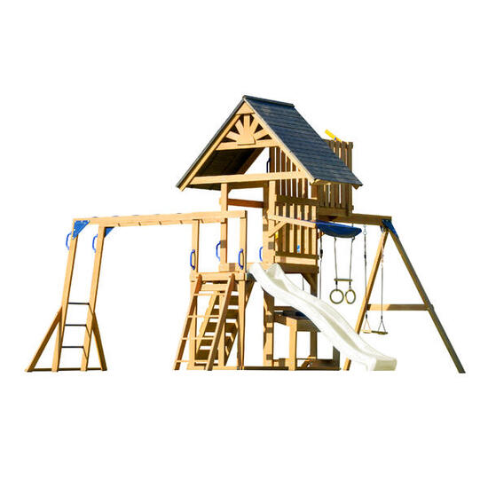 Mitch Spielturm aus Holz mit 2 Schaukeln, Trapez und Turm, Rutsche Crème