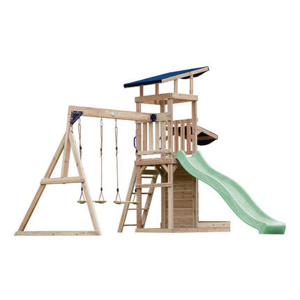Aire de jeux Malik avec balançoire double marron - toboggan vert