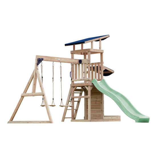 Aire de jeux Malik avec balançoire double marron - toboggan vert