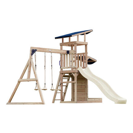 Aire de jeux Malik avec balançoire double marron - toboggan crème