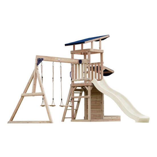 Aire de jeux Malik avec balançoire double marron - toboggan crème
