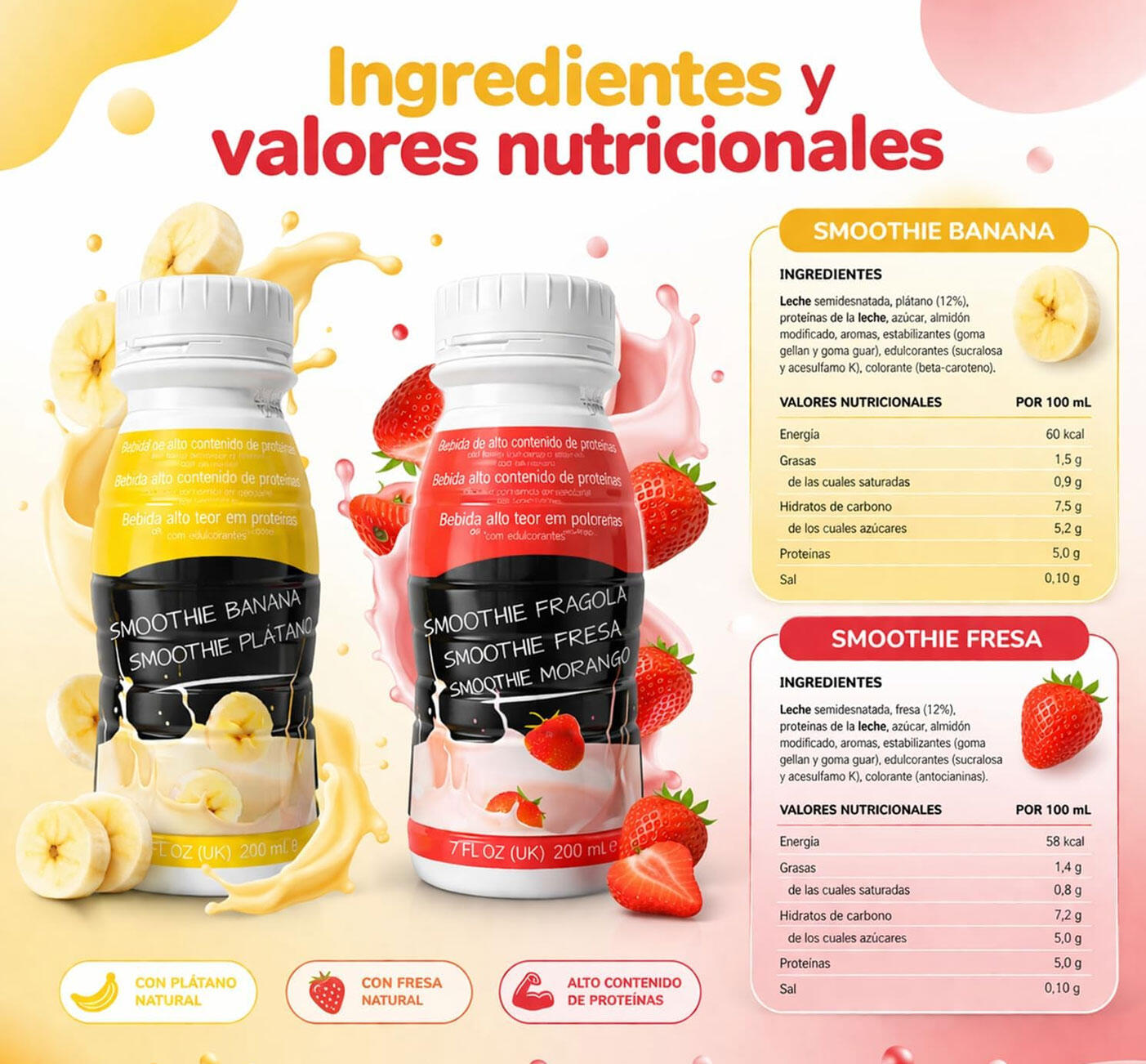 Protein Smoothie Bouteille 200 ml Mixte Fraise Banane Pack de 8 unités 2/5