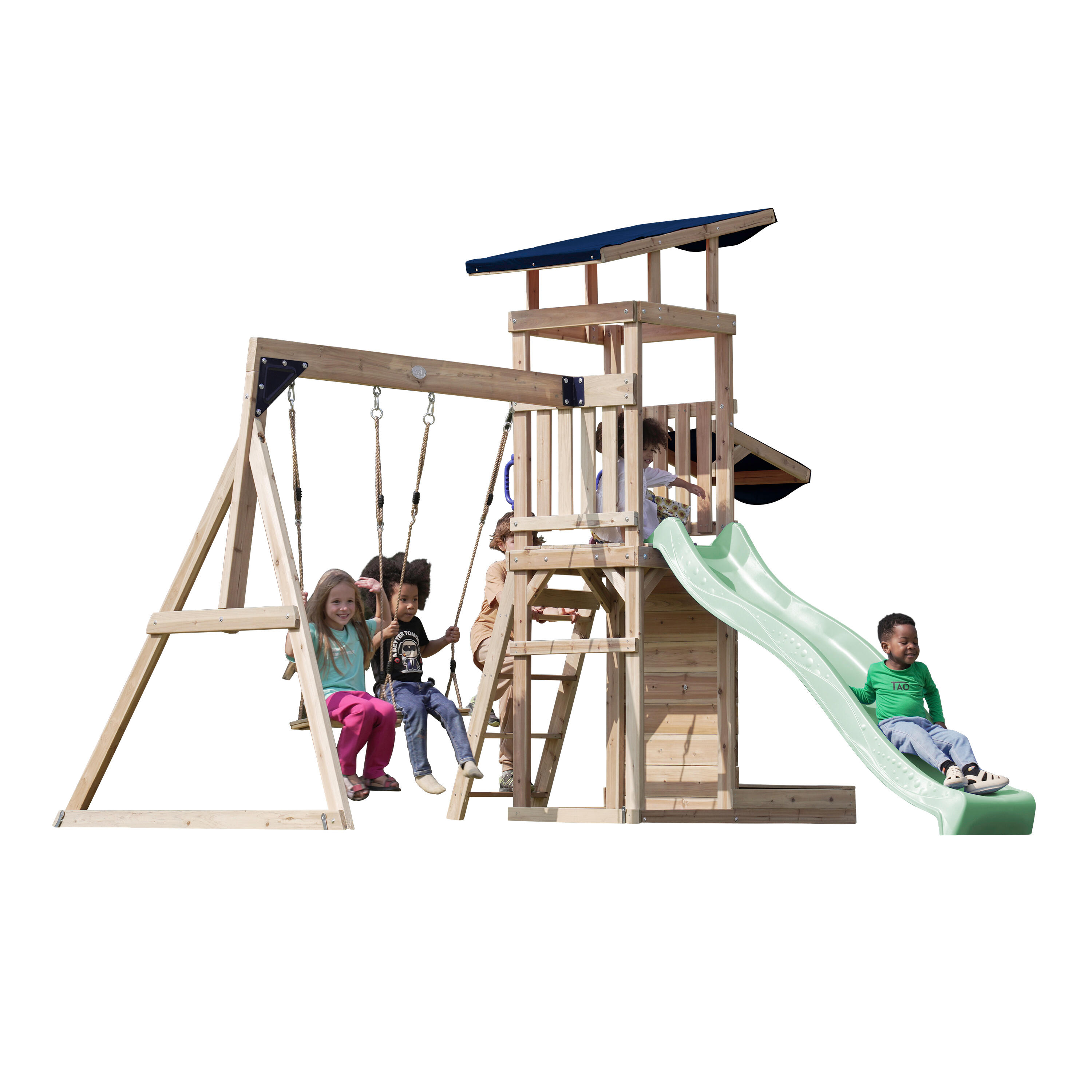 Malik Spielturm aus Holz mit 2 Schaukeln, Rutsche Grün 6/7
