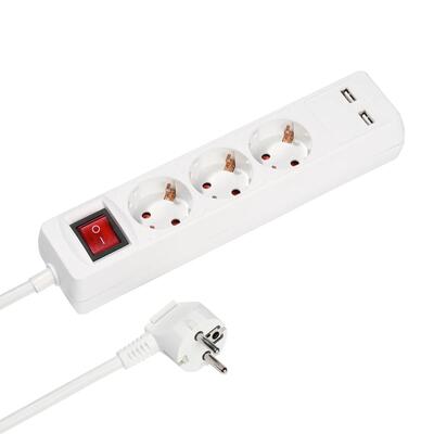 Stekkerdoos met 3 schuko-stopcontacten en 2x usb-a-poorten.
