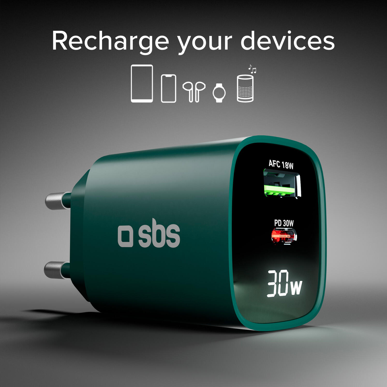 Chargeur mural LCD USB‑C 30W + USB‑A 18W 3/7