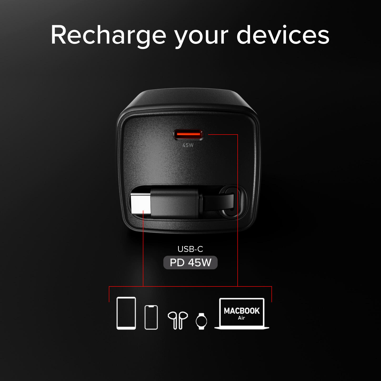 Caricatore USB-C 45 W con cavo integrato retrattile GaN 4/7