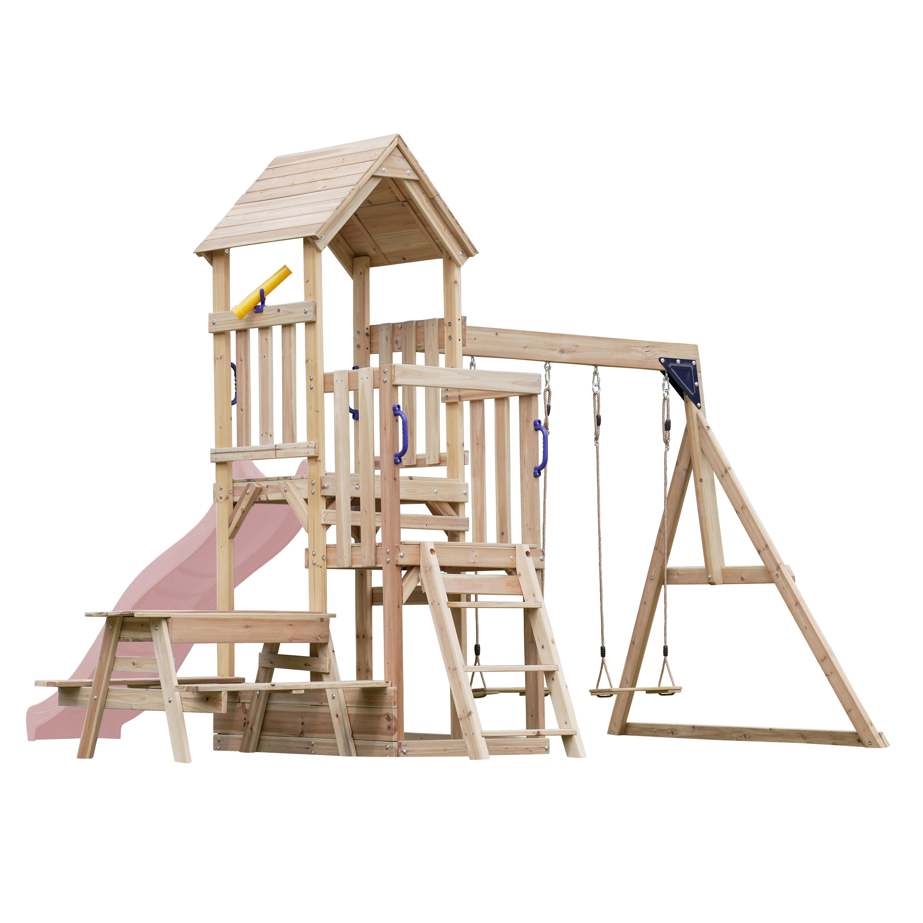Aire de jeux Mette avec balançoire double marron - toboggan rose 3/6