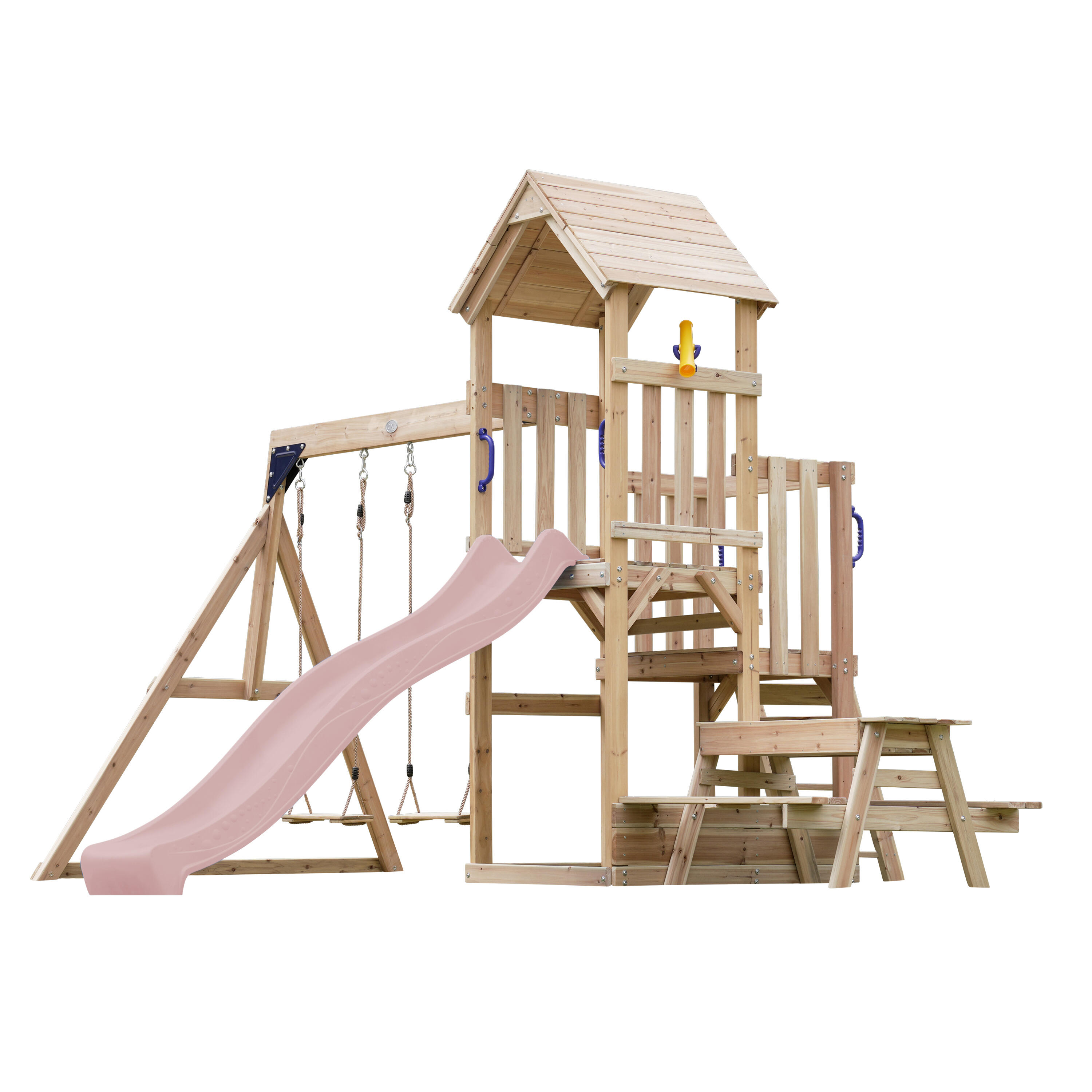 Aire de jeux Mette avec balançoire double marron - toboggan rose 2/6