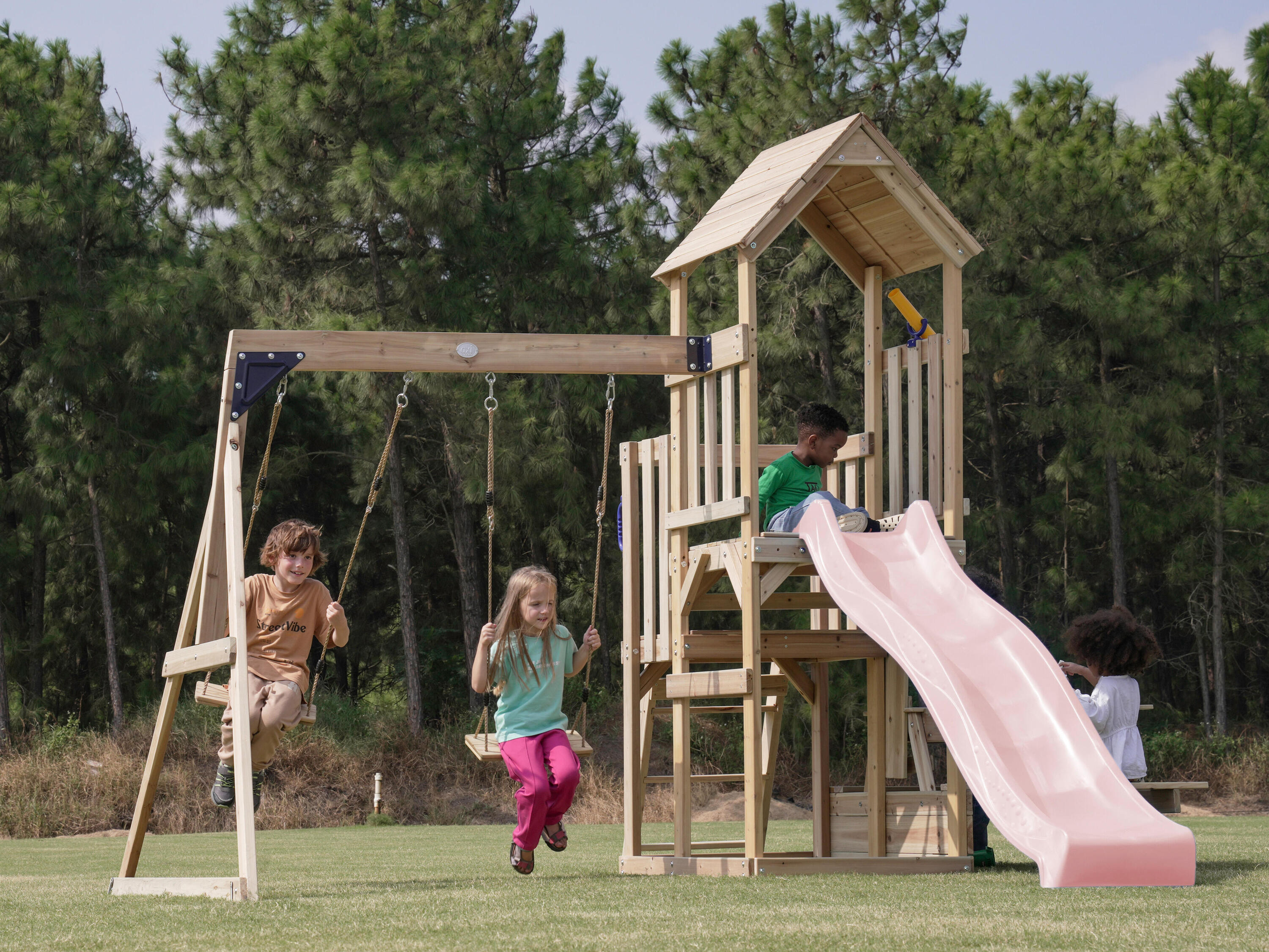 Aire de jeux Mette avec balançoire double marron - toboggan rose 5/6