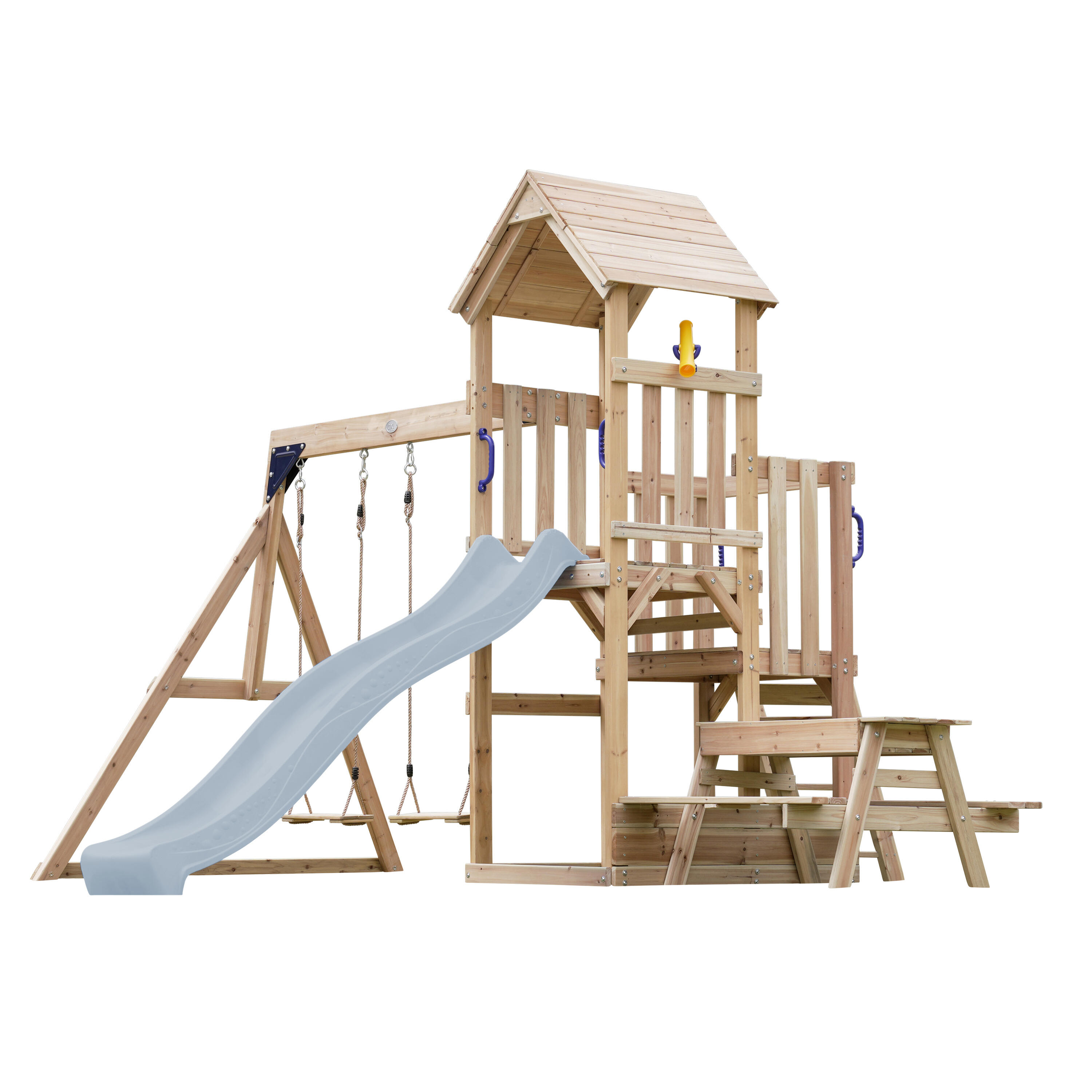 Aire de jeux Mette avec balançoire double marron - toboggan bleu 2/6