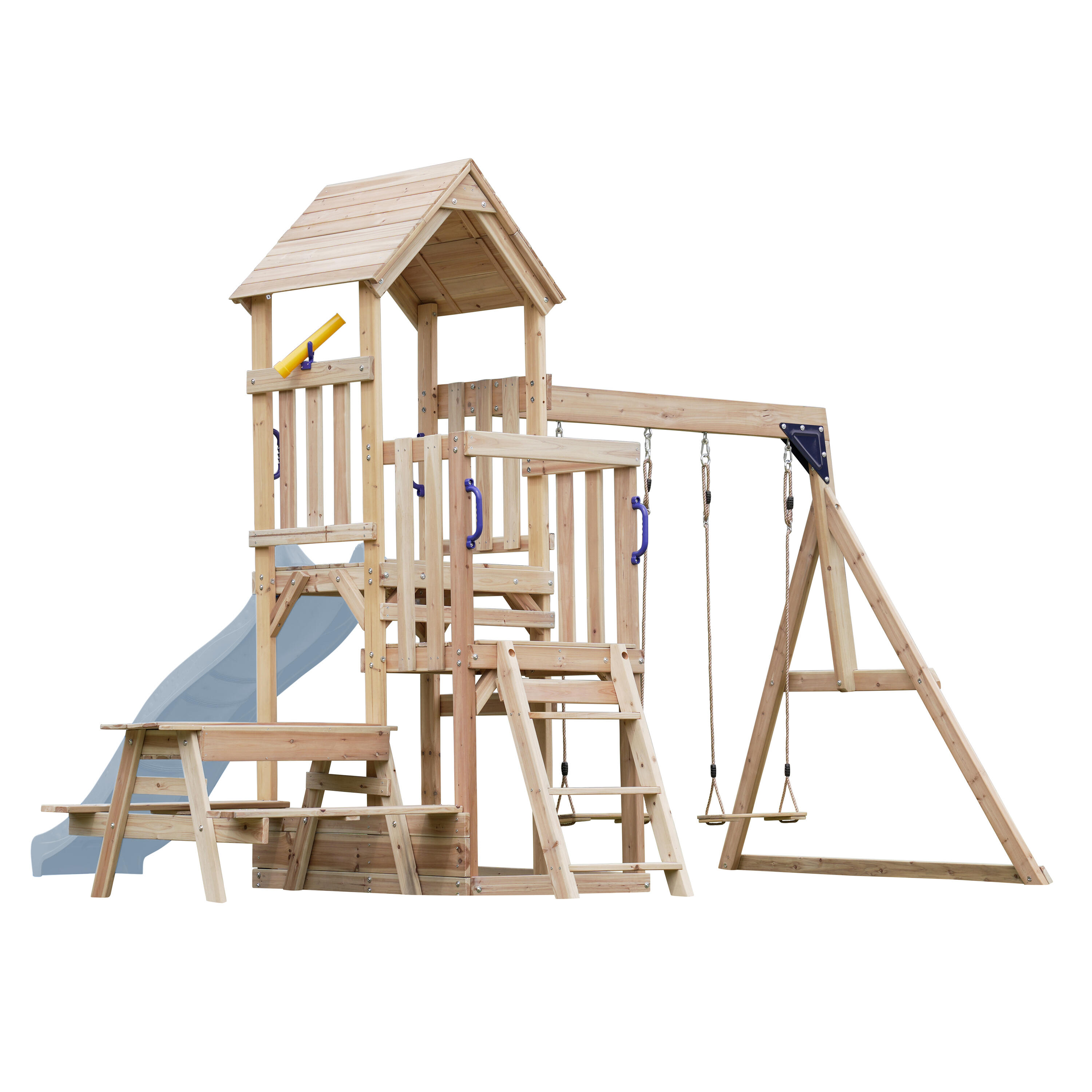 Aire de jeux Mette avec balançoire double marron - toboggan bleu 3/6
