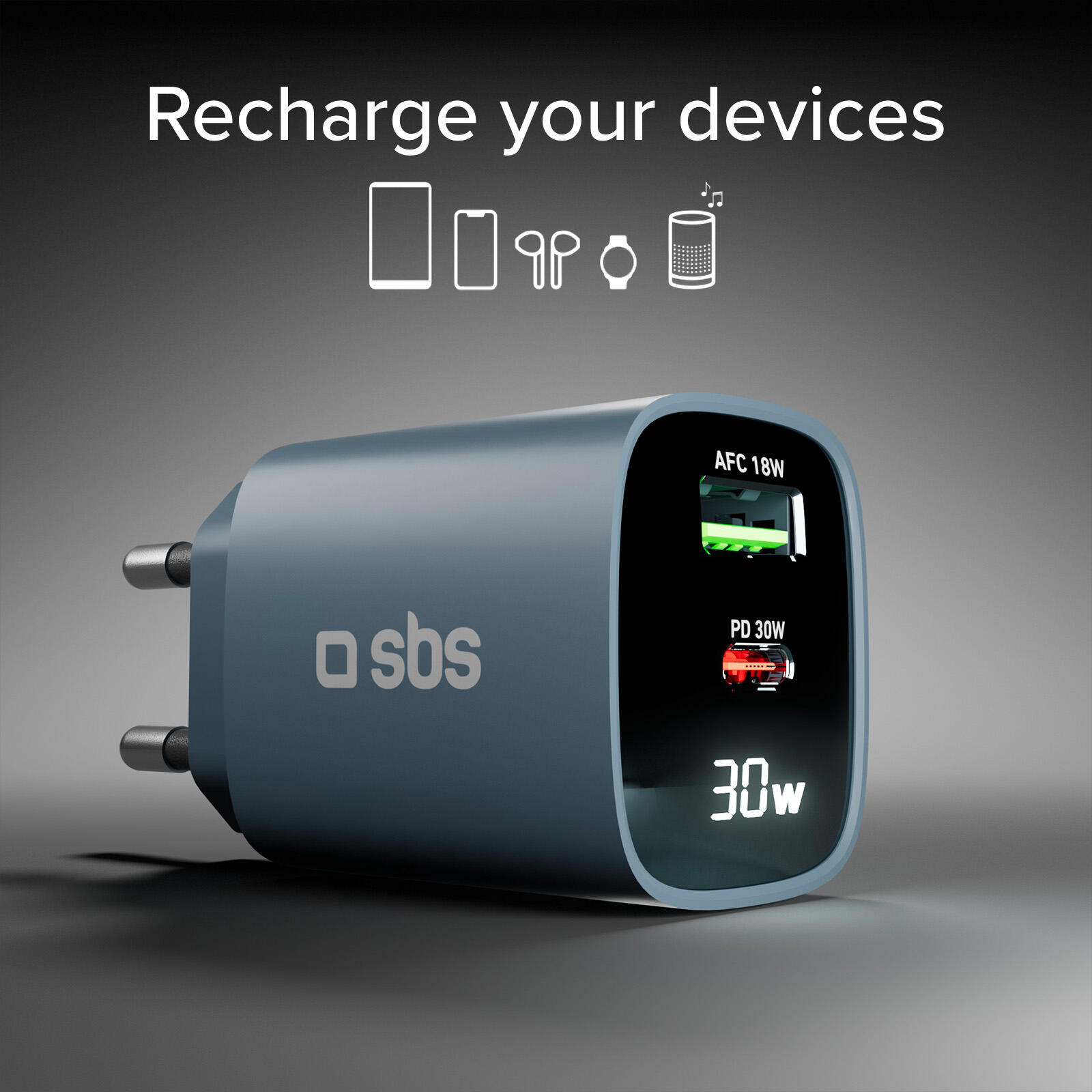 Caricabatterie da muro, schermo LCD, 1 uscita USB-C PD 30W, 1 uscita USB-A 18W 3/7
