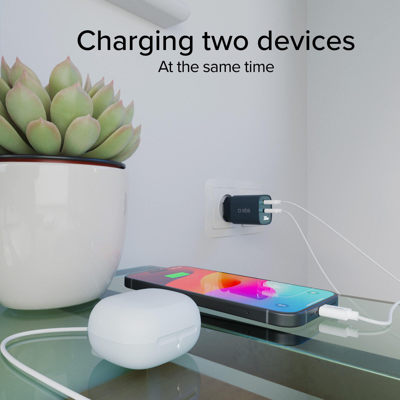 Caricabatterie da muro, schermo LCD, 1 uscita USB-C PD 30W, 1 uscita USB-A 18W 6/7
