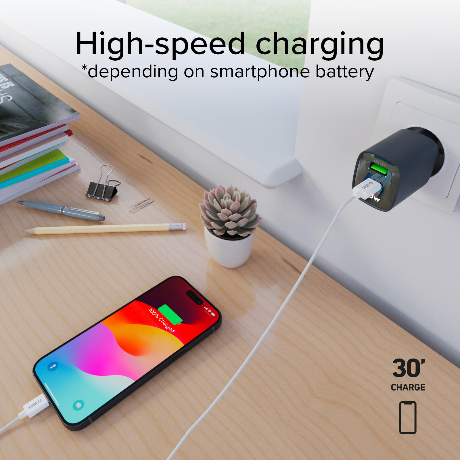 Caricabatterie da muro, schermo LCD, 1 uscita USB-C PD 30W, 1 uscita USB-A 18W 7/7
