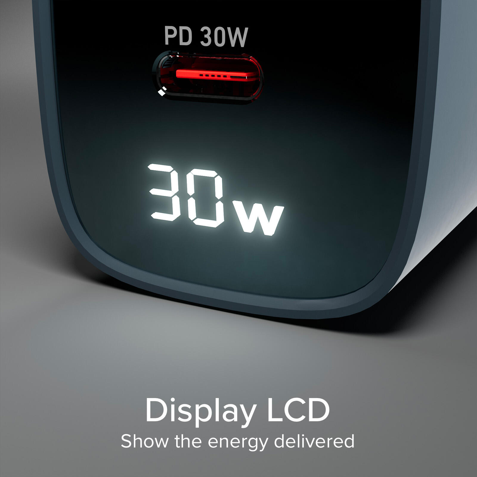 Caricabatterie da muro, schermo LCD, 1 uscita USB-C PD 30W, 1 uscita USB-A 18W 5/7