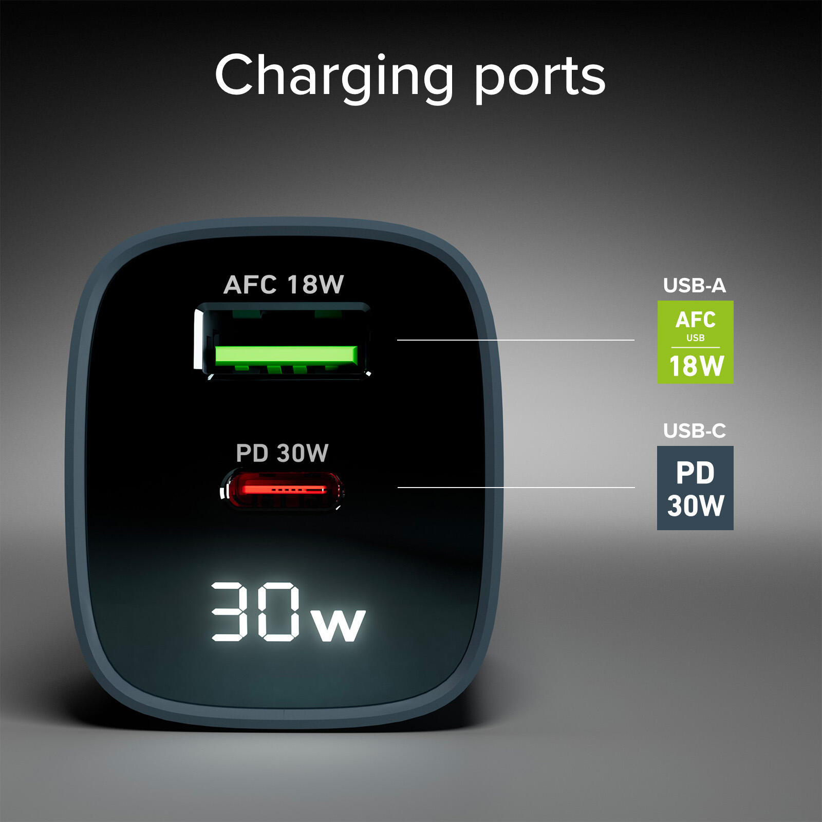 Caricabatterie da muro, schermo LCD, 1 uscita USB-C PD 30W, 1 uscita USB-A 18W 4/7
