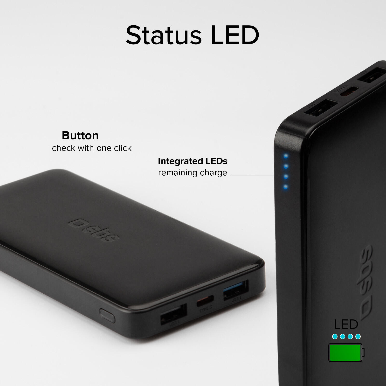 Power bank 10.000 mAh extra slim con porta USB 2.1A Intelligent Charge (IC) 6/7