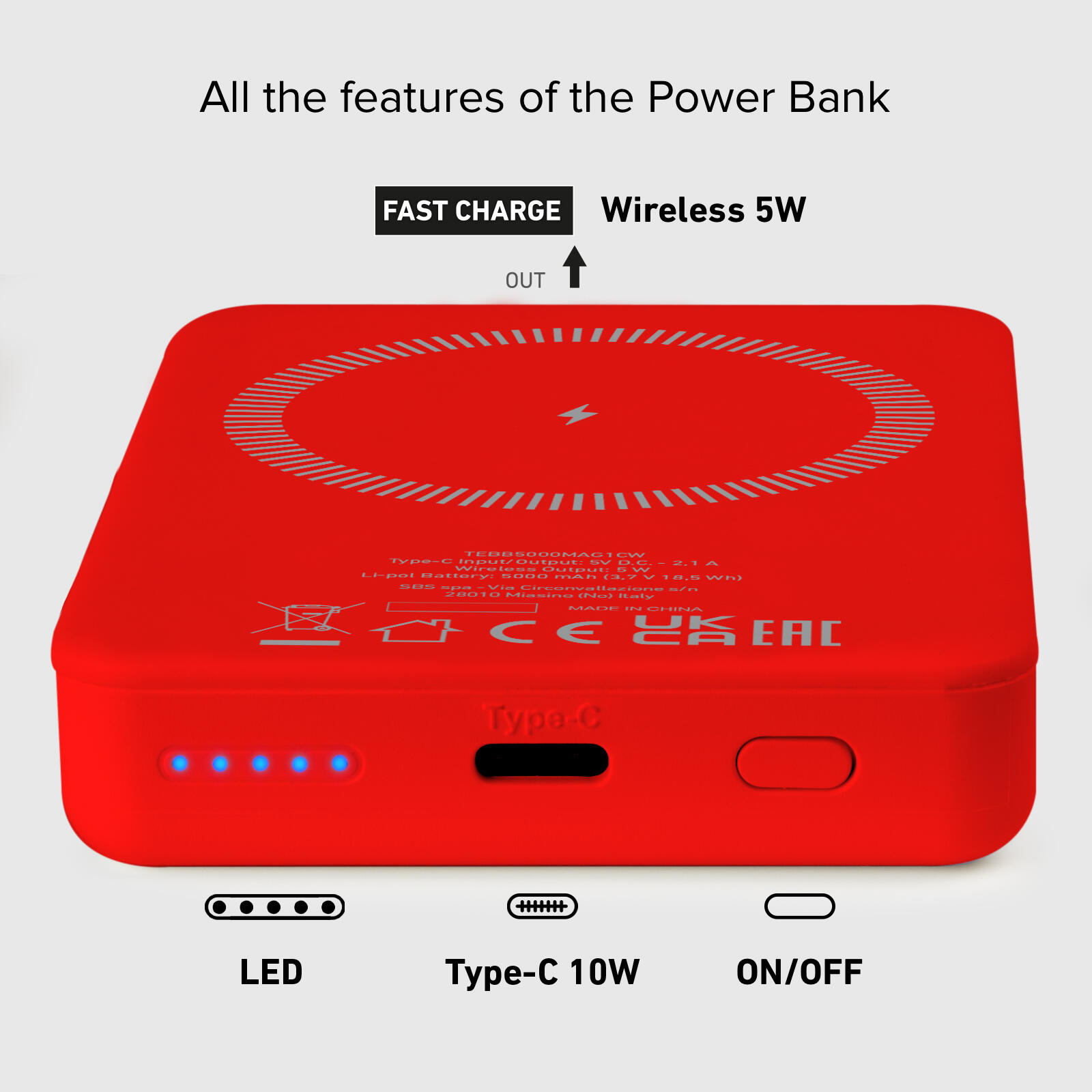 Power bank mag 5.000 mAh Wireless compatibile con iPhone con ricarica MagSafe 3/7