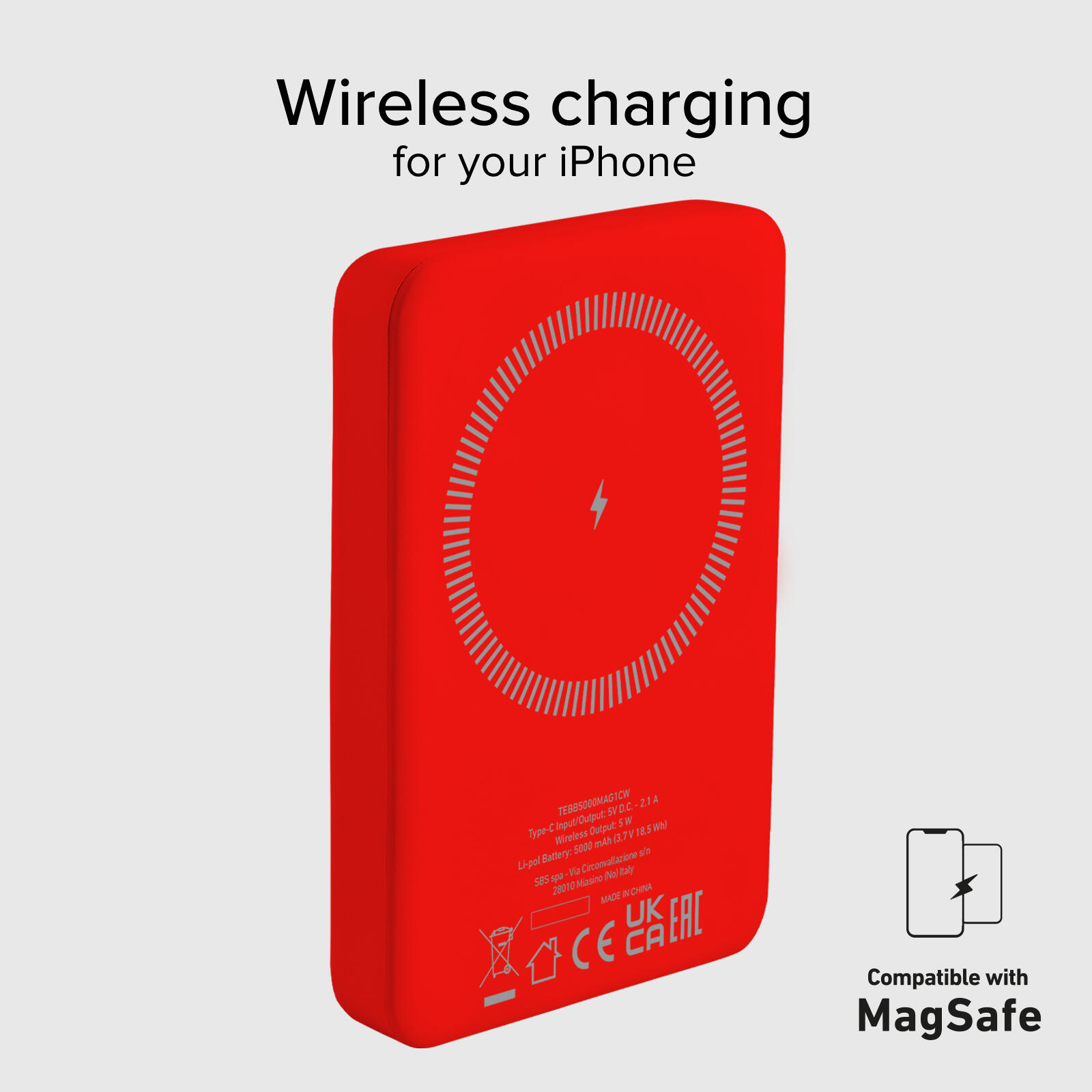 Power bank mag 5.000 mAh Wireless compatibile con iPhone con ricarica MagSafe 4/7