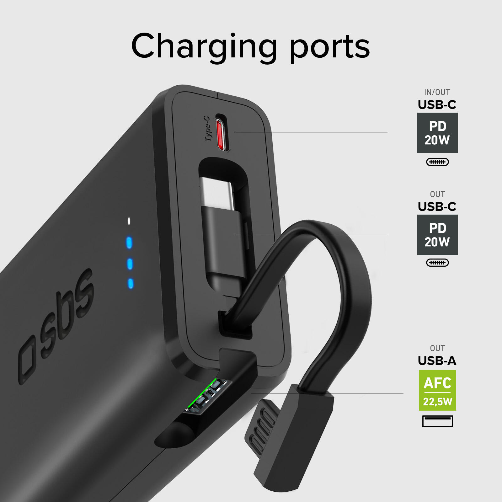 Powerbank Power Delivery 20W da 10000 mAh con cavo USB-C integrato 3/7