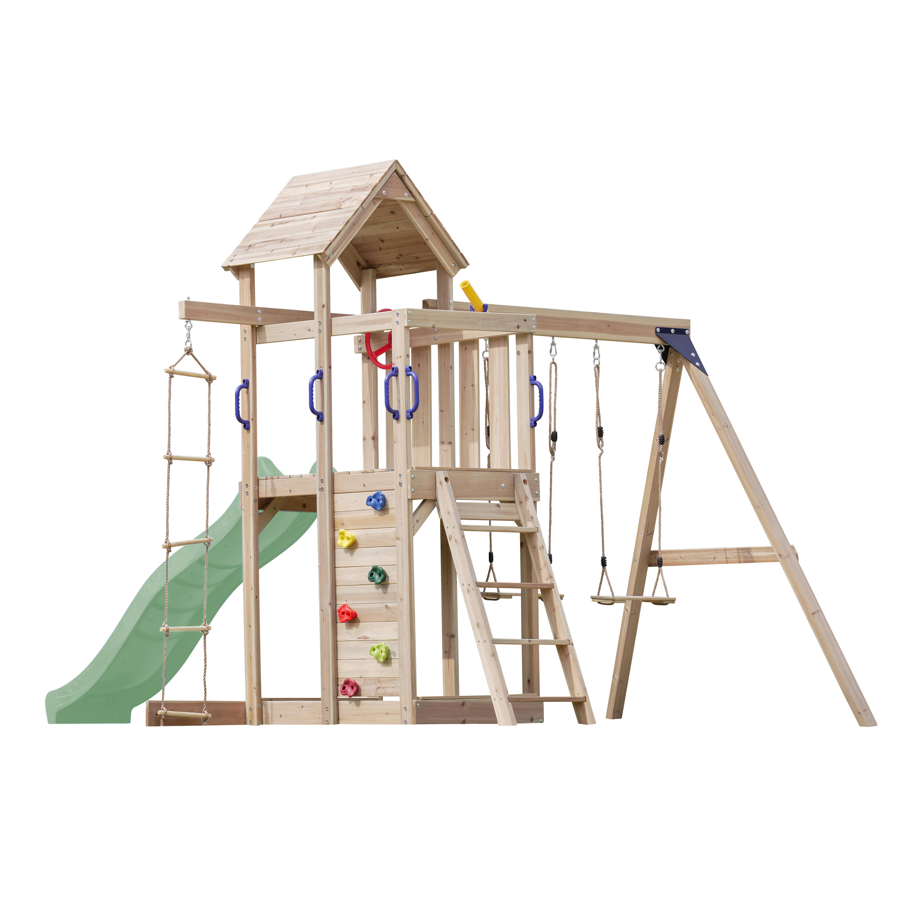 Moos Spielturm aus Holz, 2 Schaukeln, Strickleiter, Rutsche Grün 2/5